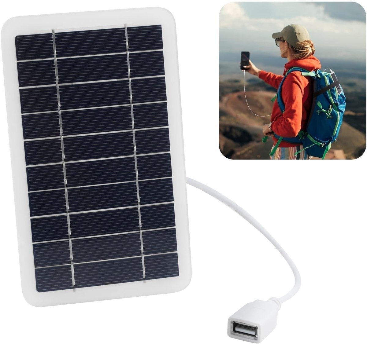 Draagbaar Zonnepaneel 2W 5V met USB Poort voor Wandelen, Kamperen en Buitenactiviteiten, Waterdicht IP65, Duurzaam en Inclusief USB Kabel