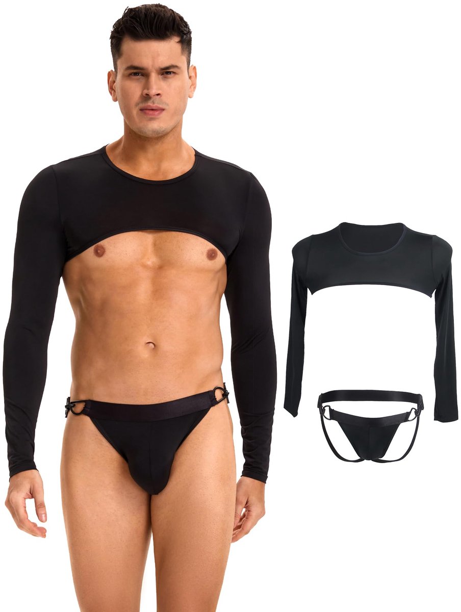 SnelShoppen - Mannen Lingerie Erotische Kostuums Sexy Lingerie IJszijde Lange Mouwen Top met Ouvert Broekje Set Sissy Lingerie Gay Ondergoed Zwart M
