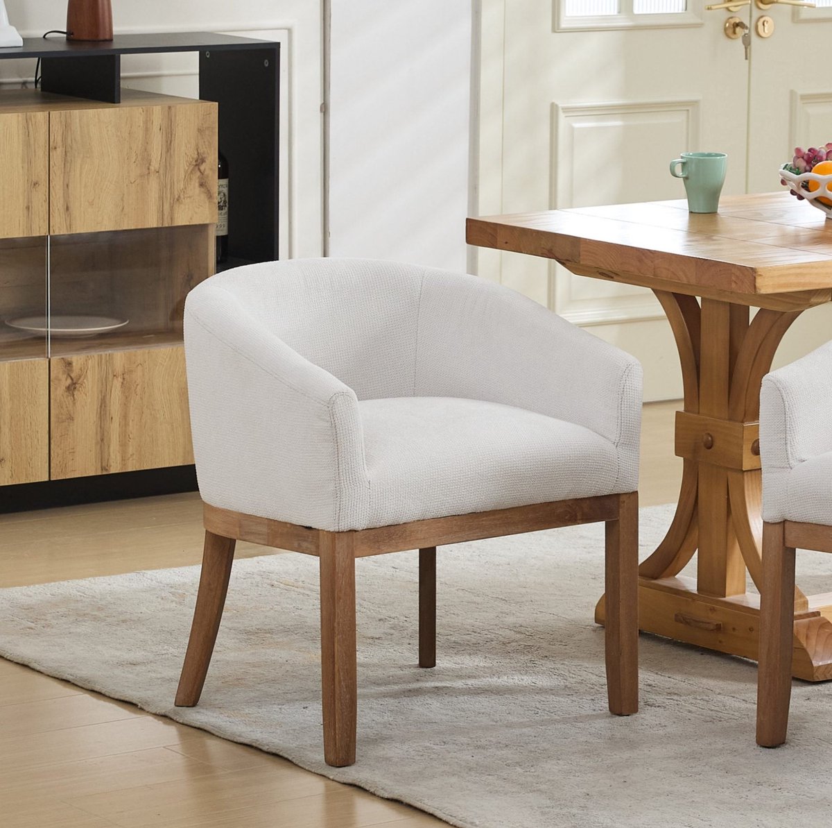 MEUNIQ Eetkamerstoel kuipstoel met armleuningen, zachte chenille bekleding, houten frame, beige, 71 cm hoog voor eetkamer en keuken