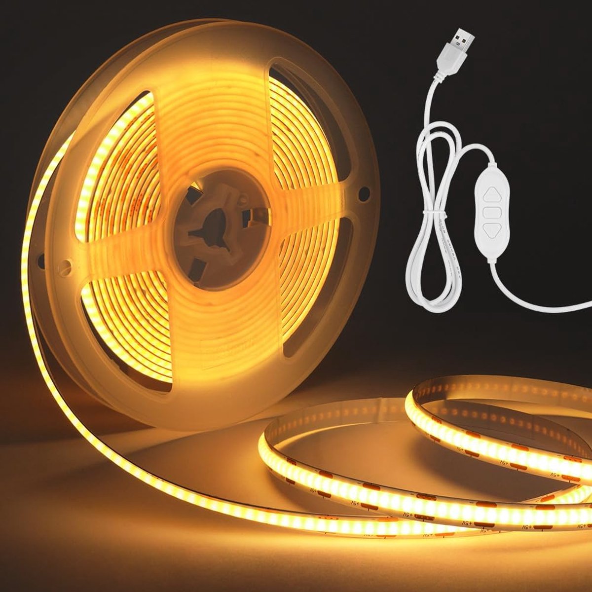 HOTUT USB 5V LED Strip, 4m COB LED-strip, Flexibele Ledstrip met Geheugenfunctie, Warmwit, 320LED/M, DIY, Snijdbaar - ShopVlot