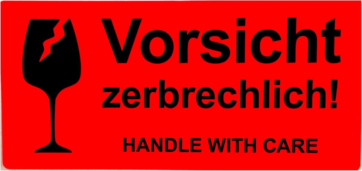 SnelShoppen - 250 Neon Rode Waarschuwingslabels, 4 x 1.9 Inch, Zelfklevende Stickers voor Breekbare Voorwerpen, Caution, Handle with Care, Perfect voo