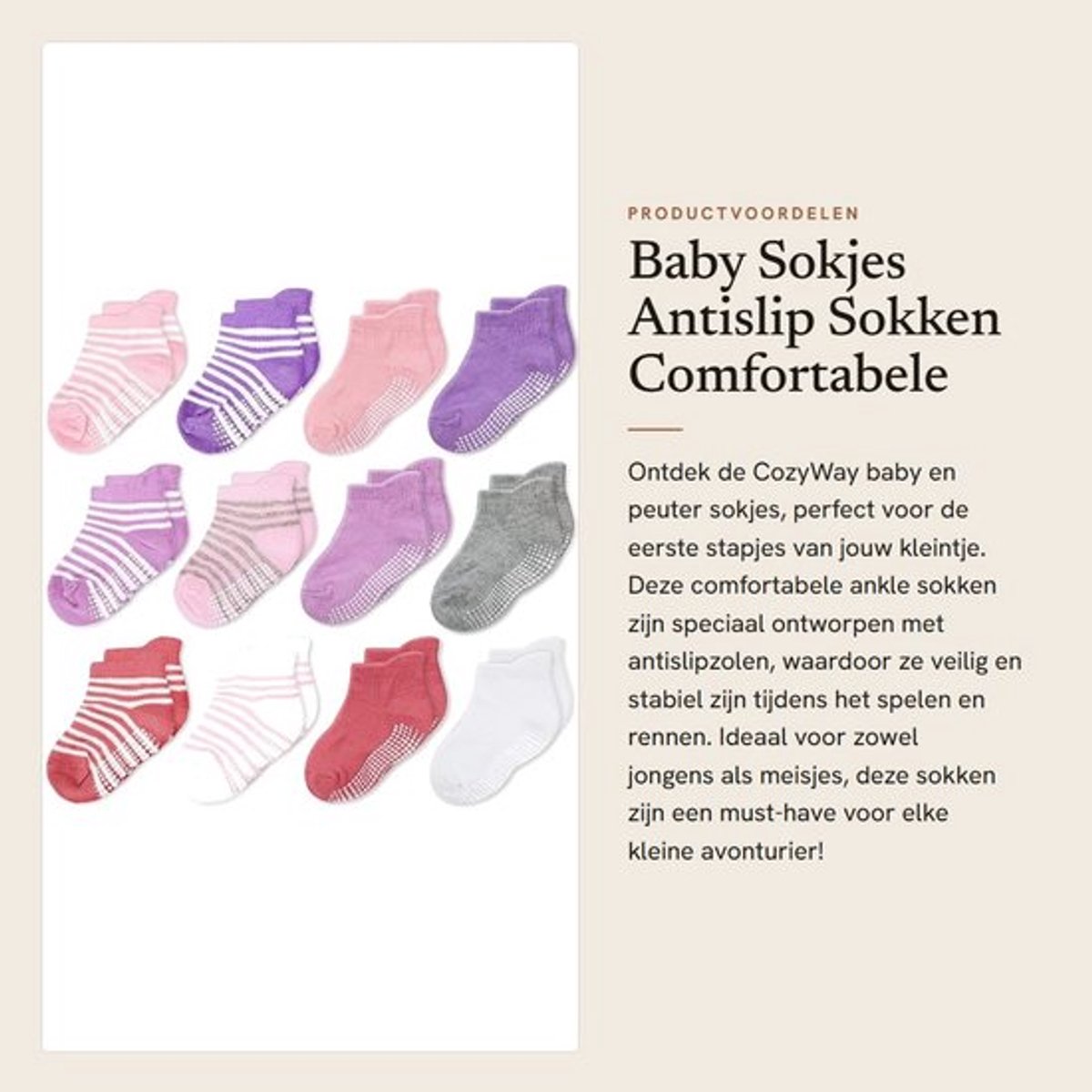 Baby Sokjes - Antislip Sokken - Comfortabele Katoenen Ankle Sokjes - Roze/Wit - Voor Peuters - 9 Paar