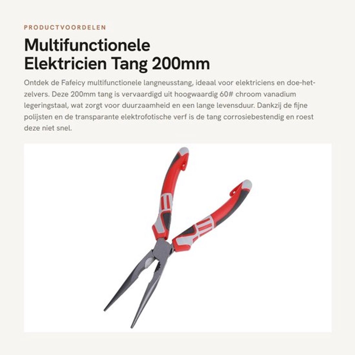 Multifunctionele Elektricien Tang - 200mm Langneusstang - Voor Knippen en Grijpen - Ergonomisch Ontwerp - Duurzaam Materiaal - Geschikt v...