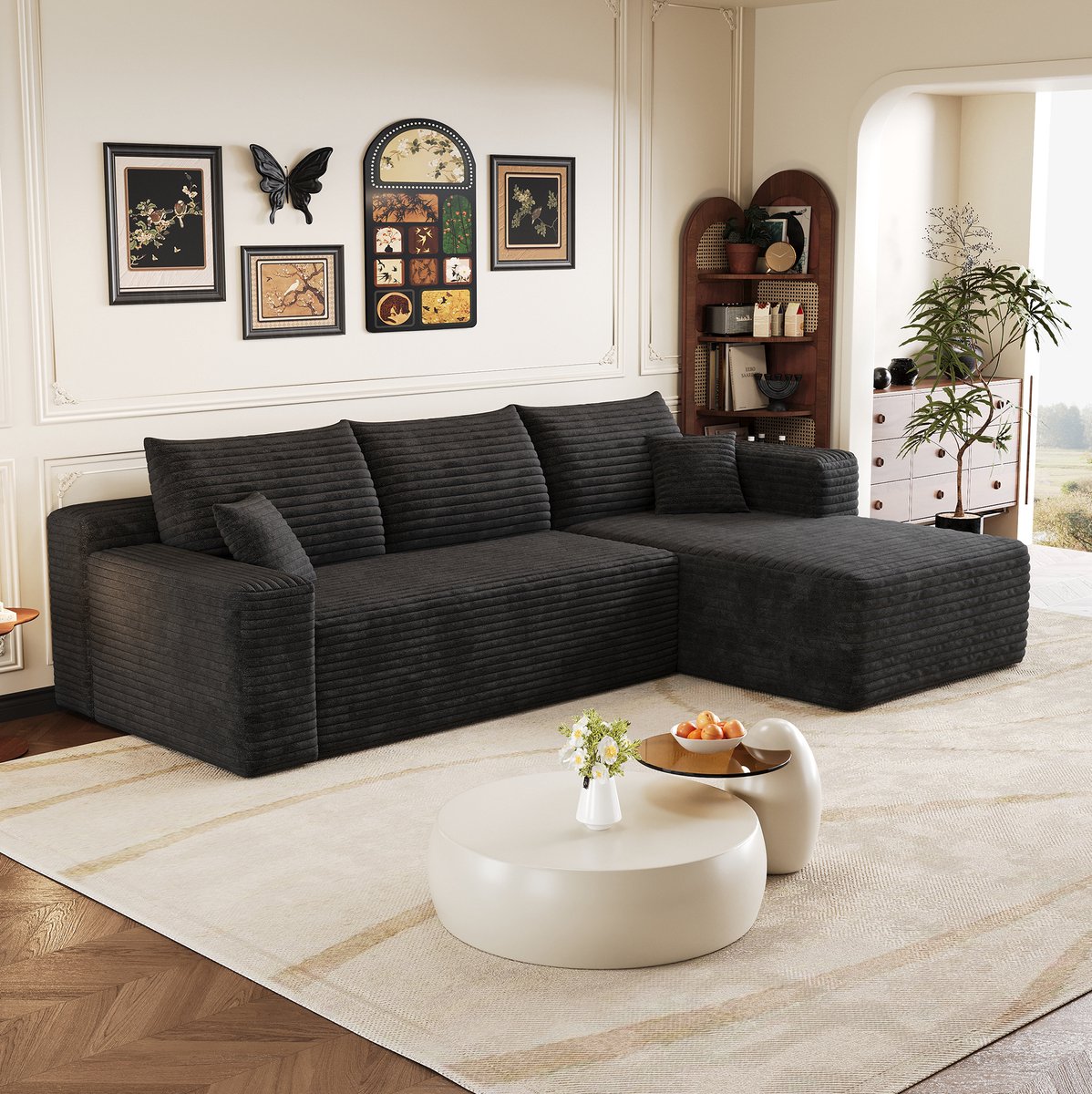 OKWISH Hoekbank 241 cm - 3-Zits Met Chaise Longue En Diepe Zitting - Zonder Montage Voor Woonkamer Of Slaapkamer - Corduroy - Zwart
