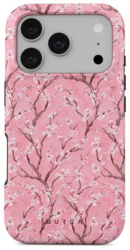 iPhone 14 Pro hoesje met sakura bloesem print op een roze achtergrond.