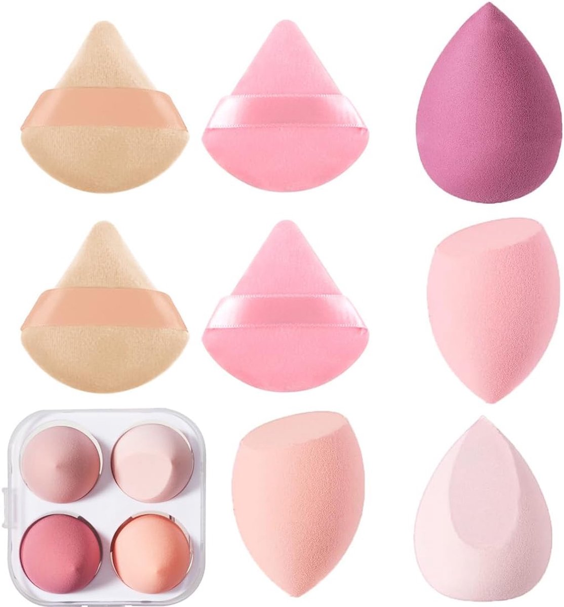 SnelShoppen - 8-delige Make-up Spons Set met 4 Poederkwasten en 4 Sponges voor Foundation, Poeder, Crème en Vloeistof met Opbergtas - Perfect voor een