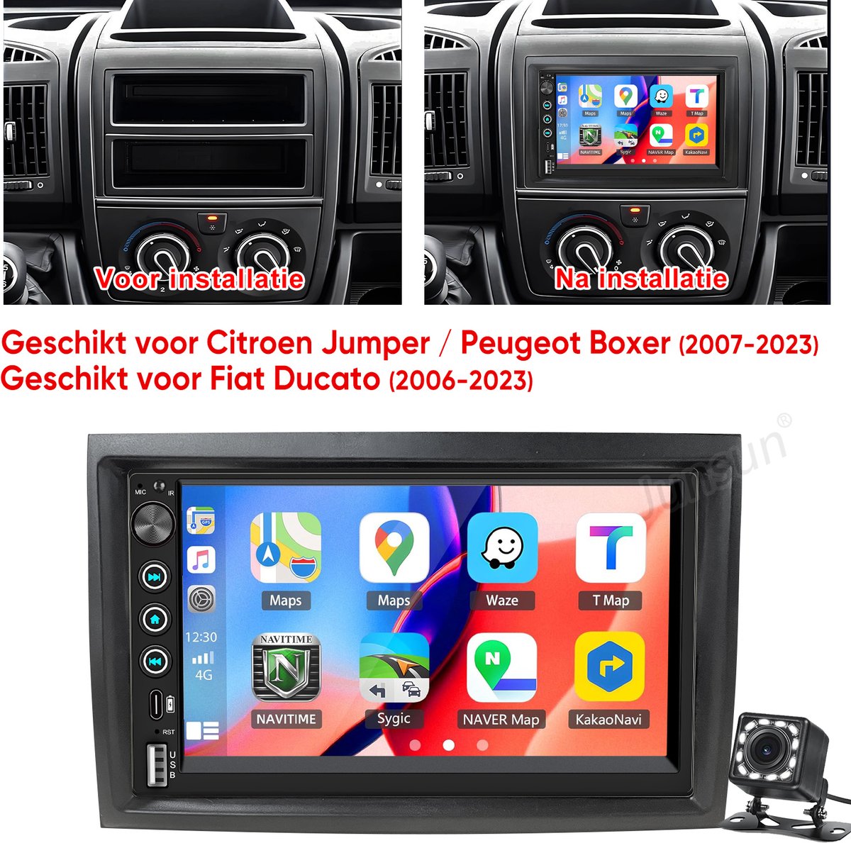 Cestovet 2DIN Carplay Autoradio -Geschikt Voor Fiat Ducato Peugeot Boxer Citroen Jumper 2006 t/m 2024 - met Draadloze Carplay Android Auto - 7 inch IPS Scherm - Achteruitrijcamera
