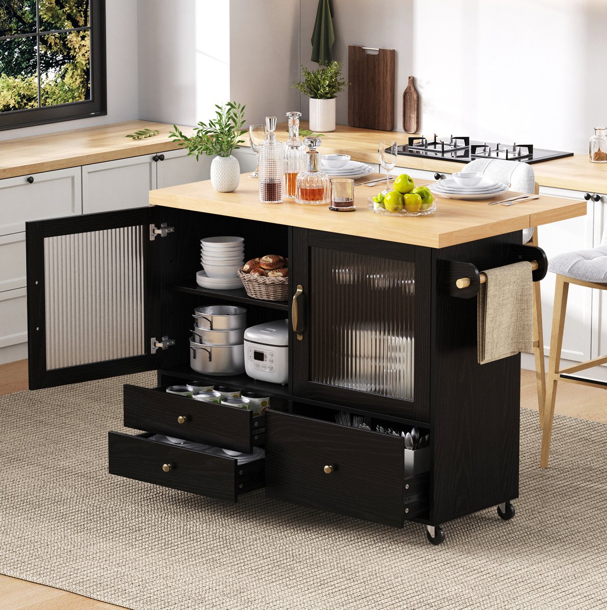MEUNIQ mobiele keukenkast met zwenkwielen, uitklapbare eettafel, dubbele deuren, lades en wijnglasrek, 100 cm, MDF, zwart/naturel