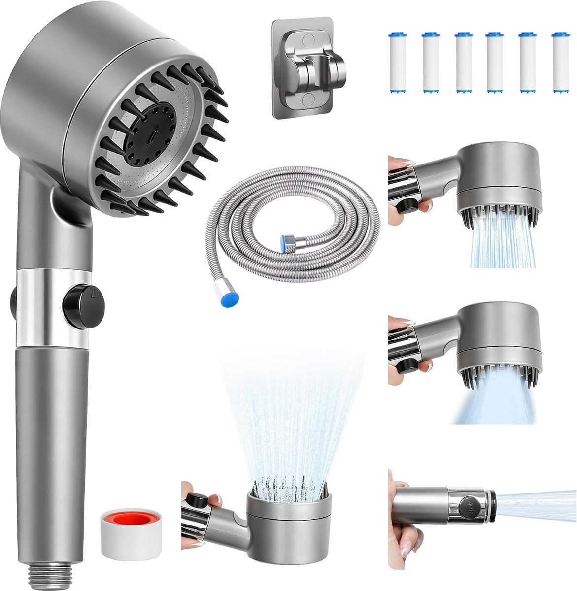 SnelShoppen - Handdouche met Filter, Hoge Druk Douchekop met 2 m Slang, 6 Filters, Waterbesparend, 4 Stralensoorten, Ideaal voor Hard Water en Verwijd