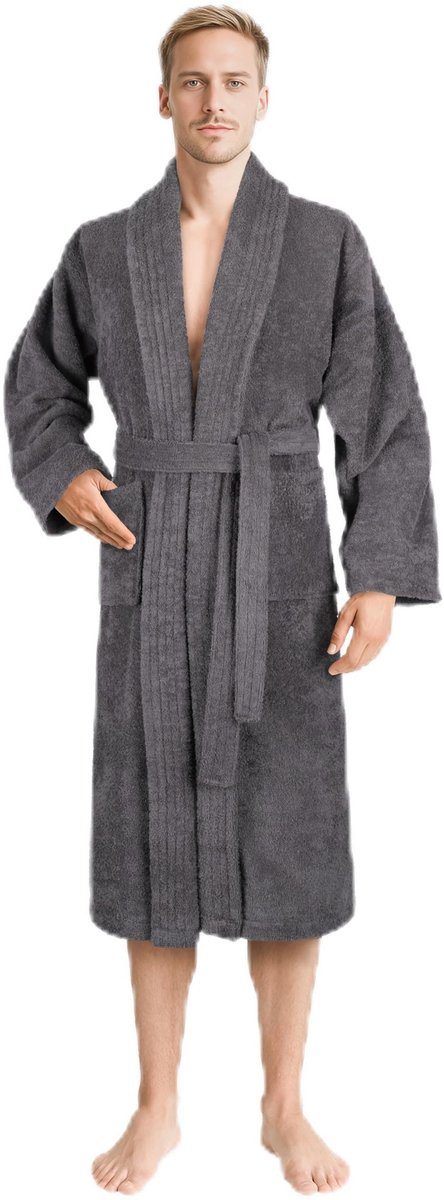 SnelShoppen - Donkergrijze Hammetex Badjas voor Heren, 100% Katoen, Zachte Badstof, 380 g/m², Met Zakken, Ideaal voor Thuis en Sauna, Absorberend en H