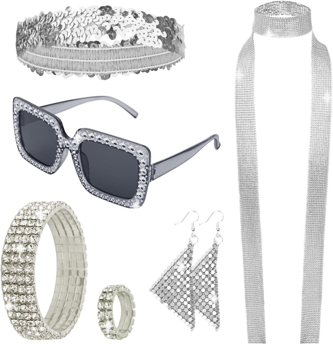 Retro Disco Kostuum Set voor Dames - 6 Delige Accessoires met Zonnebril, Oorbellen, Sequin Sjaal, Haarband, Armband en Ring met Glitters voor Feestjes en Themed Events