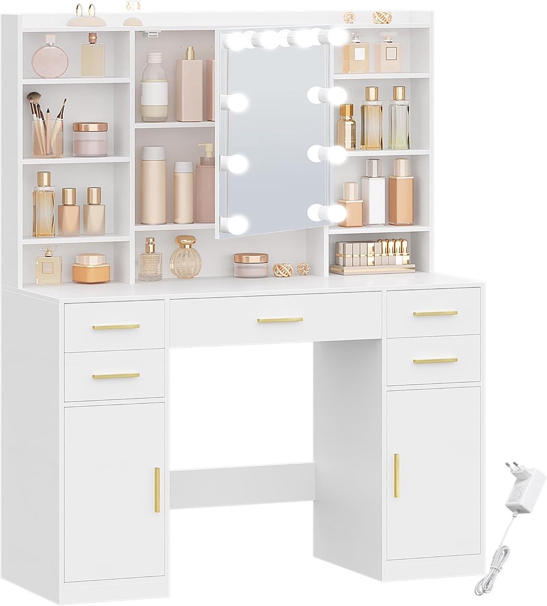 Hzuaneri 108 cm Kaptafel met Spiegel, Kaptafel met 10 LED-Lampen, Instelbare Helderheid, Make-up Bureau met Verborgen Planken, 5 Laden, 2 Kasten en 9 Open Planken, Voor Slaapkamer, 40 × 108 × 144 cm, Wit