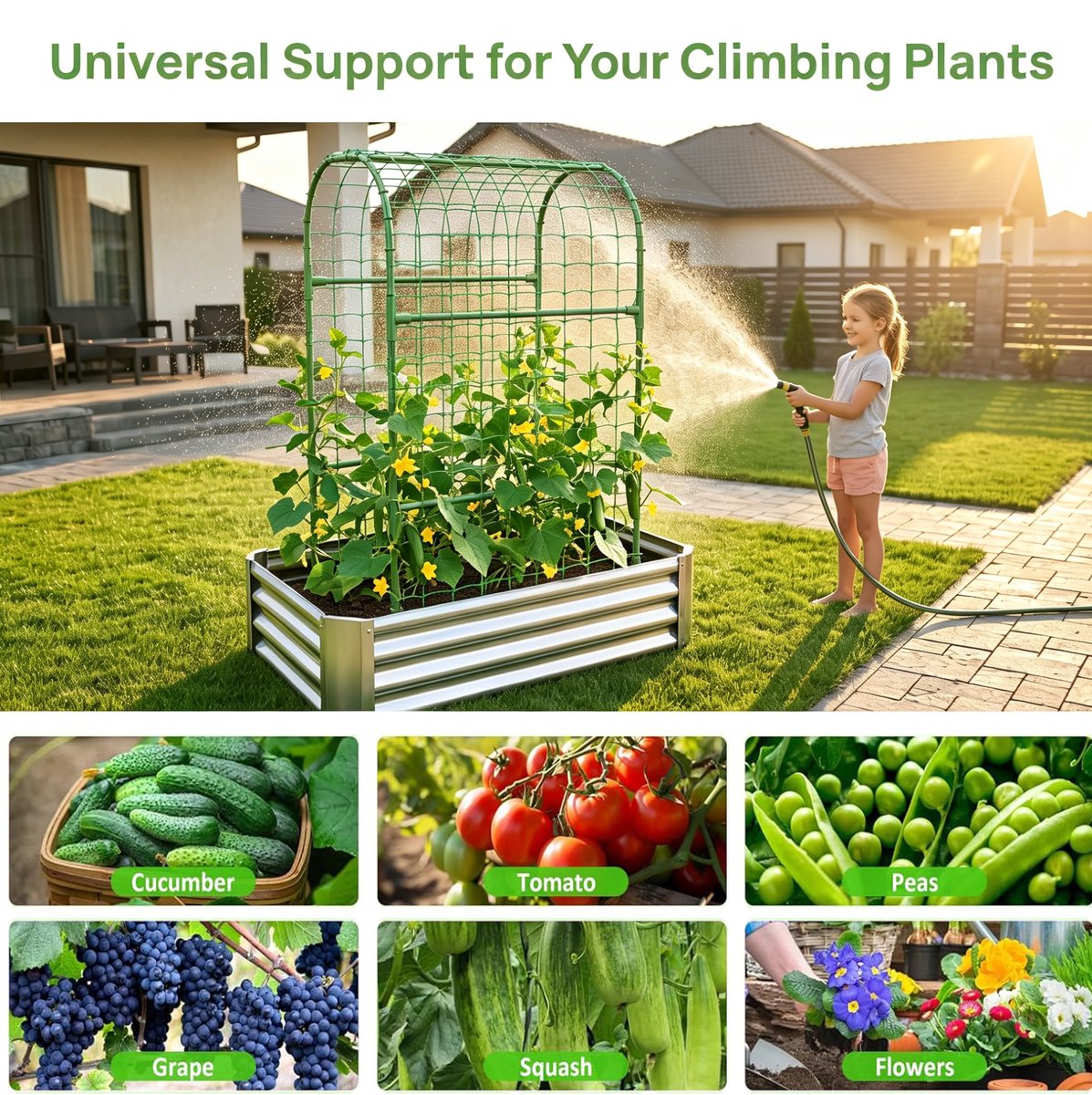 Moestuinbak met Klimrek – 120 x 60 x 30 cm – Verzinkt Staal – Zilverkleurig – Voor Groenten, Kruiden en Klimplanten in Tuin, Terras en Hof