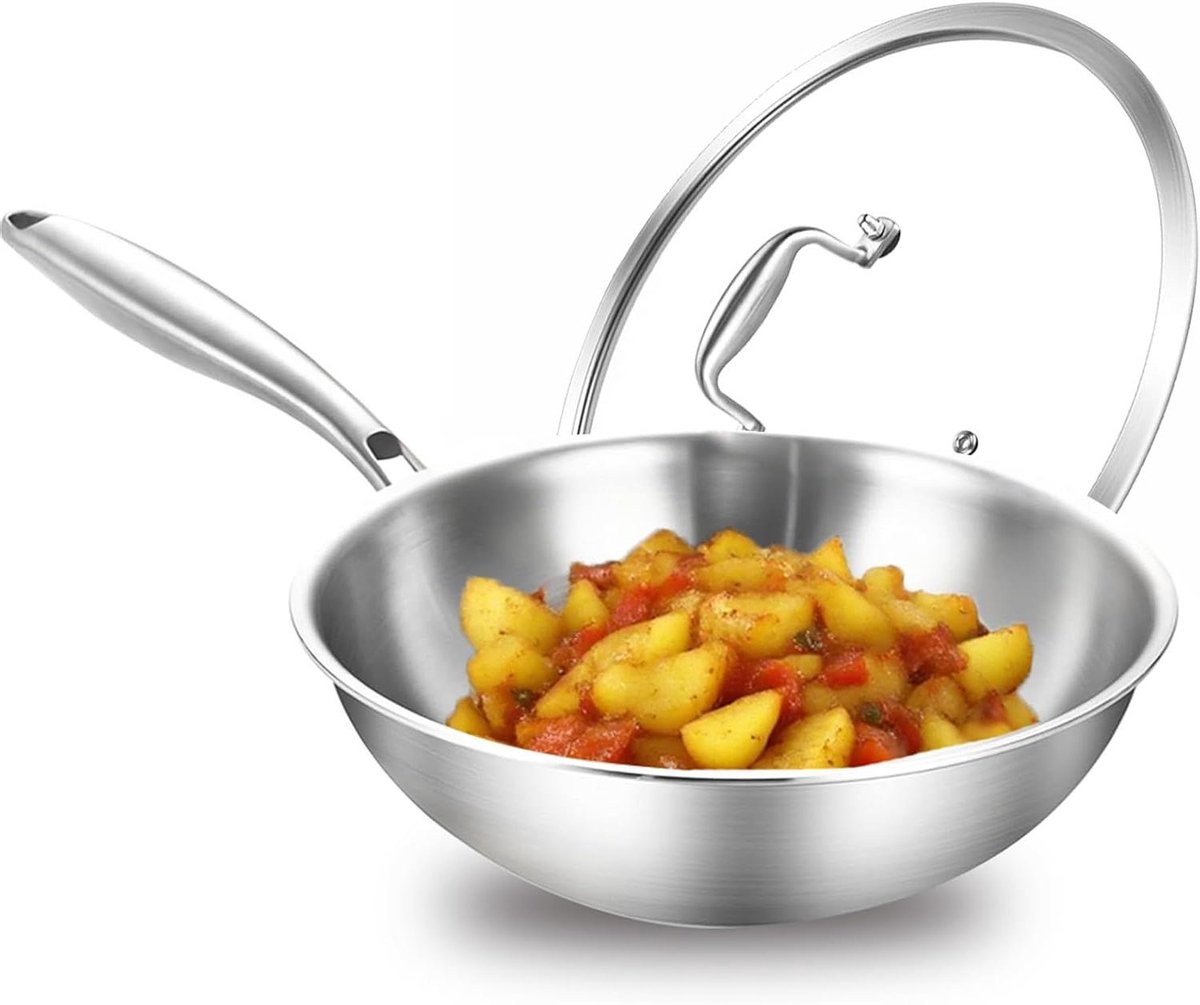 Roestvrijstalen Wokpan Koekenpan Inductie Veelzijdig Koken Drielaagse Constructie 24 cm Zilverkleurig
