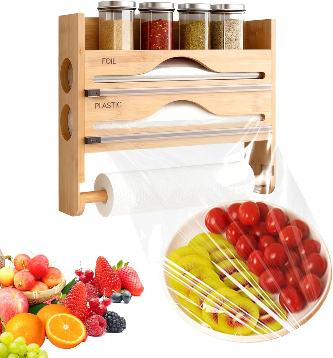 SnelShoppen - 4-in-1 Huishoudfoliedispenser met Snijder, Ruimtebesparende Keukenrolopslag, Folie-Organizer voor 30,5 cm Rollen, Bamboe-Aluminiumfolie