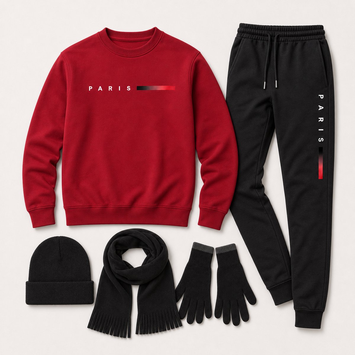 Trainingspak Heren – Joggingpak met Sweater en Joggingbroek – 5-Delige Winterset met Muts, Sjaal en Touchscreen Handschoenen - Rood - XXL