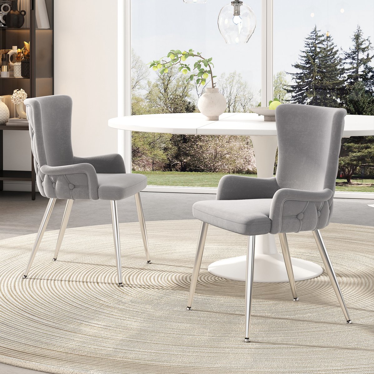MEUNIQ grijze velvet eetkamerstoelen set van 2 met armleuningen, metalen vierpoot en hoge rugleuning voor eetkamer, woonkamer of slaapkamer