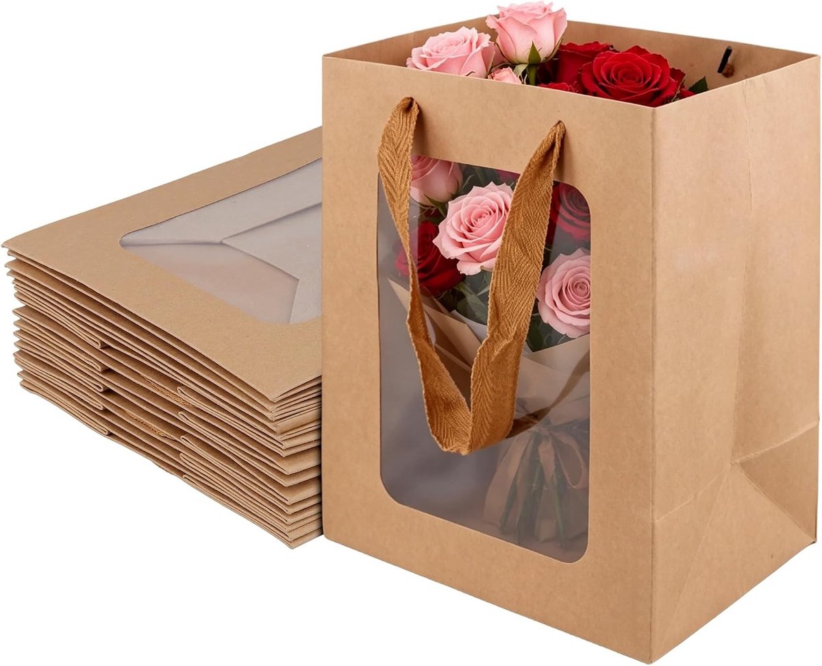 Cadeauzakjes met venster, 20 stuks, 13 x 18 x 25 cm, kraftpapier met handvat voor bruiloften, verjaardagen en winkelen