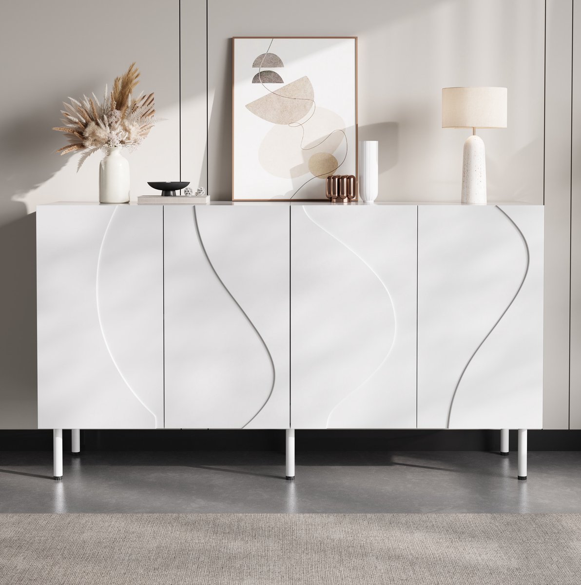 DESMIU Dressoir - 3D Gebogen Deuren Met Push-to-Open - 4 Deuren Voor Woonkamer En Hal - MDF En Spaanplaat - 140x40x77,5 Cm - Wit