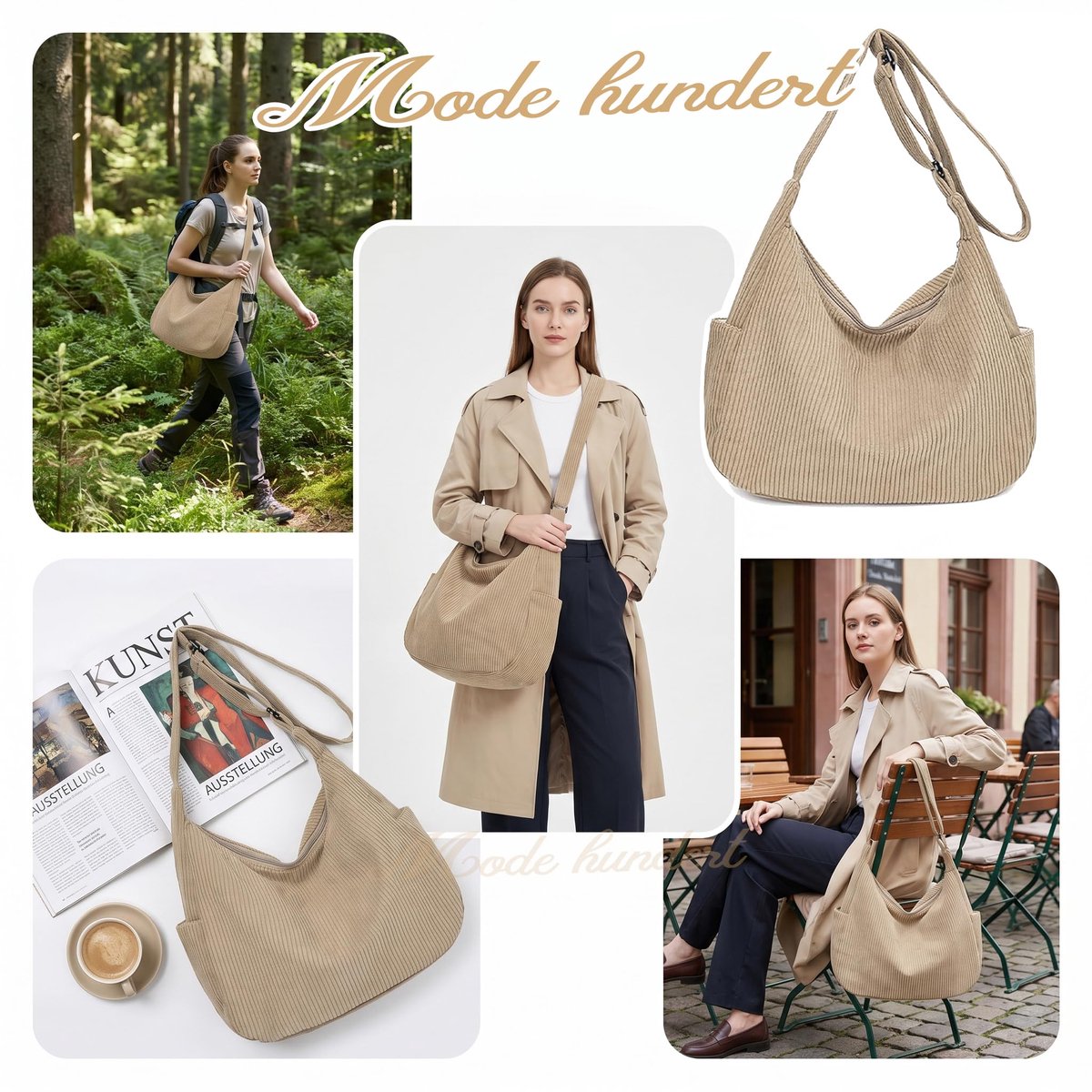 SnelShoppen - Dames Crossbody Bag Middelgroot Corduroy Halve Maan Tas Hobo Shopper Buideltas voor College School Werk Reizen Winkelen Kaki 38CM x 12CM