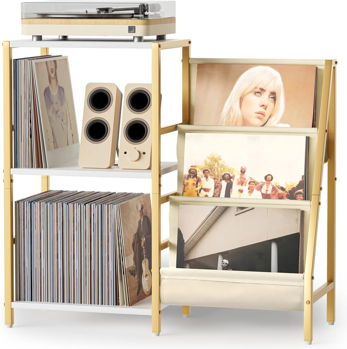 SnelShoppen - Turntable Stand met 3 Laags Vinylopslag, Platenspeler Tafel voor 200 Albums, Einde Tafel met Vinyl Display Houder, Turntable Kast Media