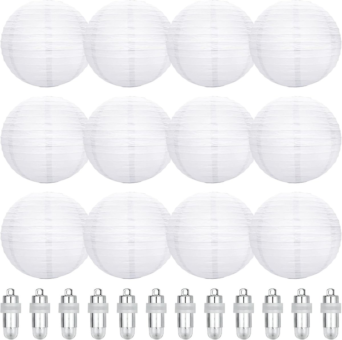 SnelShoppen - 12 Stuks Witte Papieren Lantaarns Rond 20 cm met Witte Mini-LED Lampen - Hangende Decoraties voor Tuin, Nachtfeest, Familiefeest en Tuin