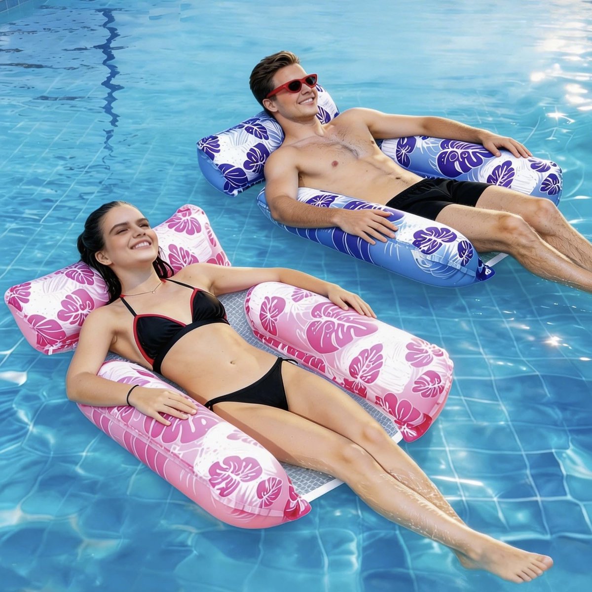 SnelShoppen - Luchtmatras zwembadwaterhangmat 2 stuks, zwemstoel met rugleuning en armleuningen, waterhangmat met net, zwembadaccessoires voor volwass