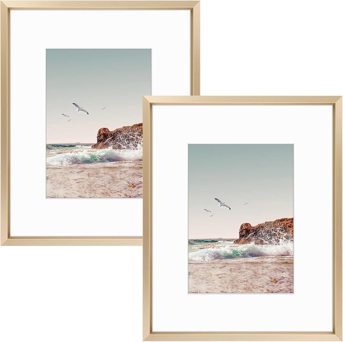 SnelShoppen - 2 Stuks Aluminium Fotolijst Collectie 8x10 met Echt Glas en Mat voor 5x7 Foto's in Goud - Wandmontage en Modern Design