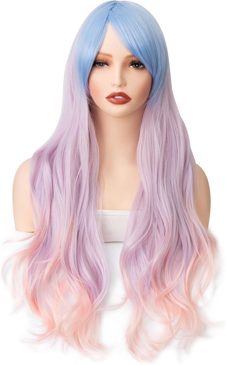 Lichtblauwe en Roze Lange Perucque van 28 Inch met Pony, Golvend en Krullend Synthetisch Haar voor Vrouwen, Perfect voor Cosplay en Feestjes