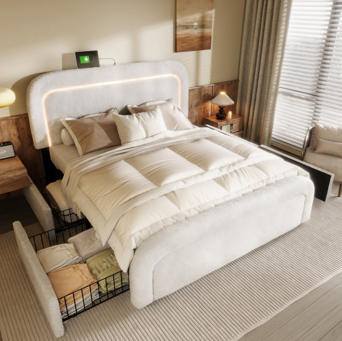 COVREO Bedframe 140x200 cm wit Sherpa, LED en 4 lades, zonder matras