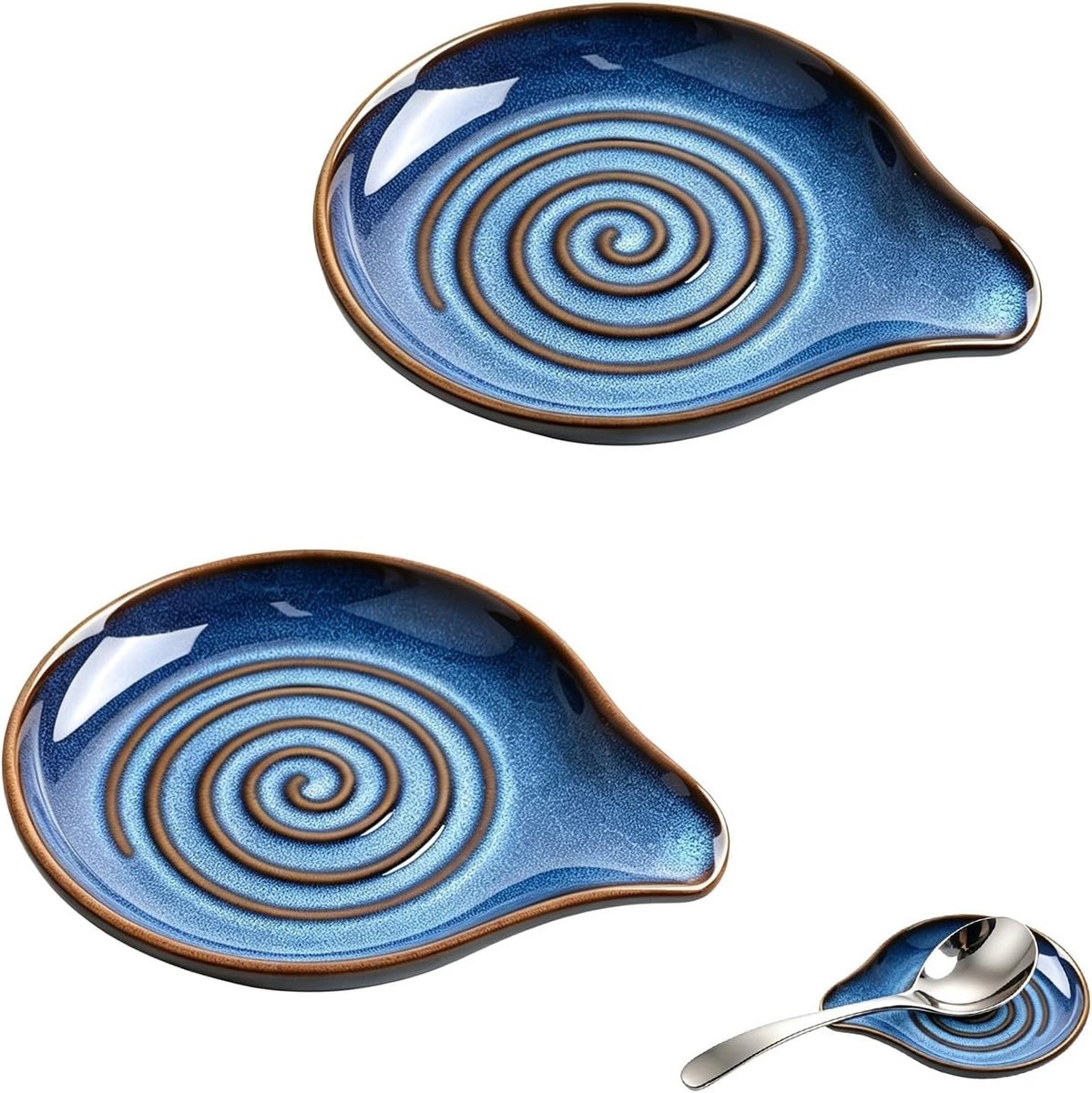 Keramische lepelhouder met spiraalpatroon, set van 2, ideaal voor pollepels, spatels en keukengerei, 13 cm lang, blauw design