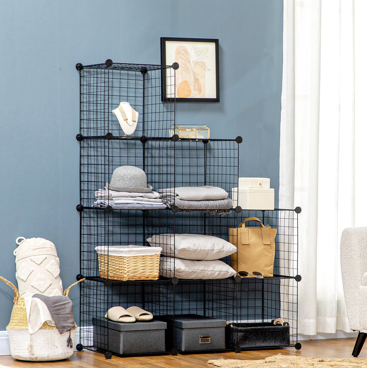 Kast Modulair 109 x 37 x 109 cm Open Zwart Metaal Vakkenkast Voor Woonkamer Slaapkamer En Bureau