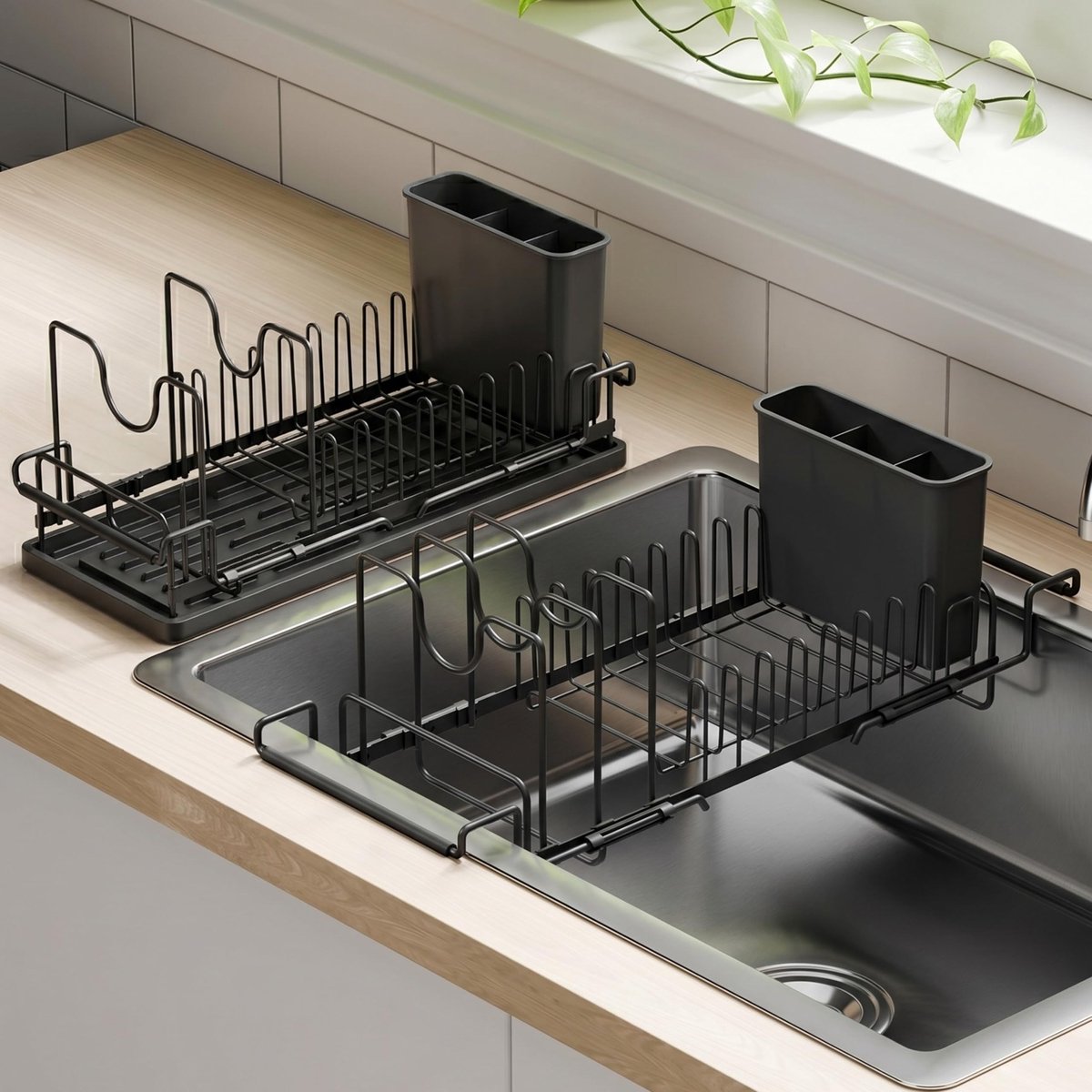 Uitschuifbaar Afdruiprek - Gootsteen Organizer - Vaat Drogen - 3-in-1 Ontwerp - 38-50 cm - Zwart