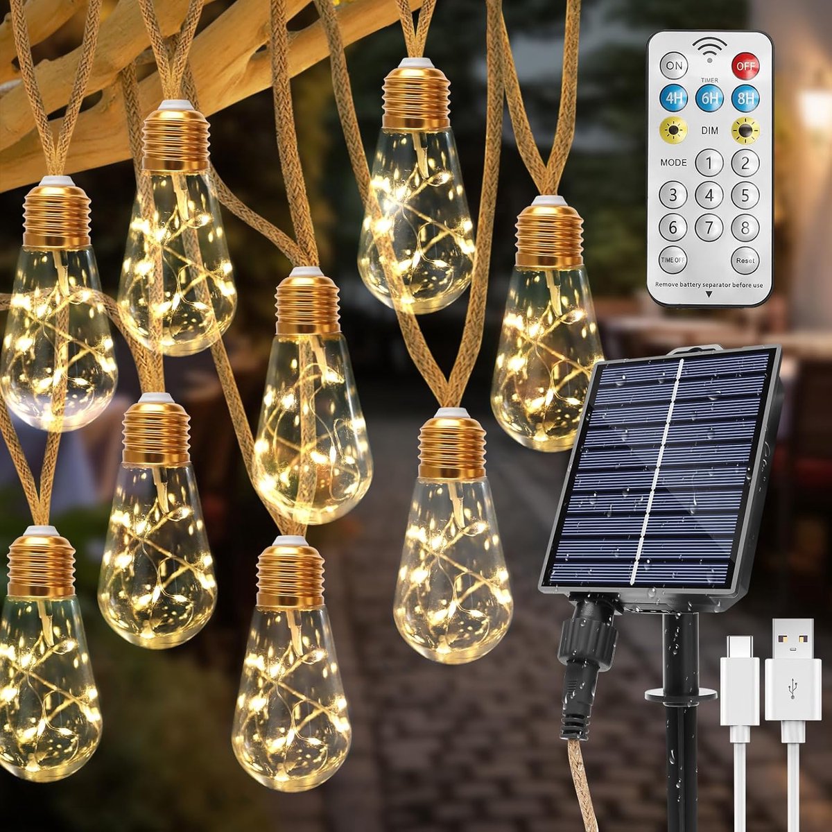 SnelShoppen - Lichtsnoer op zonne-energie 8 m met 16 gloeilampen, waterdicht IP65, 8 modi, warmwit voor tuin, terras, balkon, bruiloft, bomen, feestve