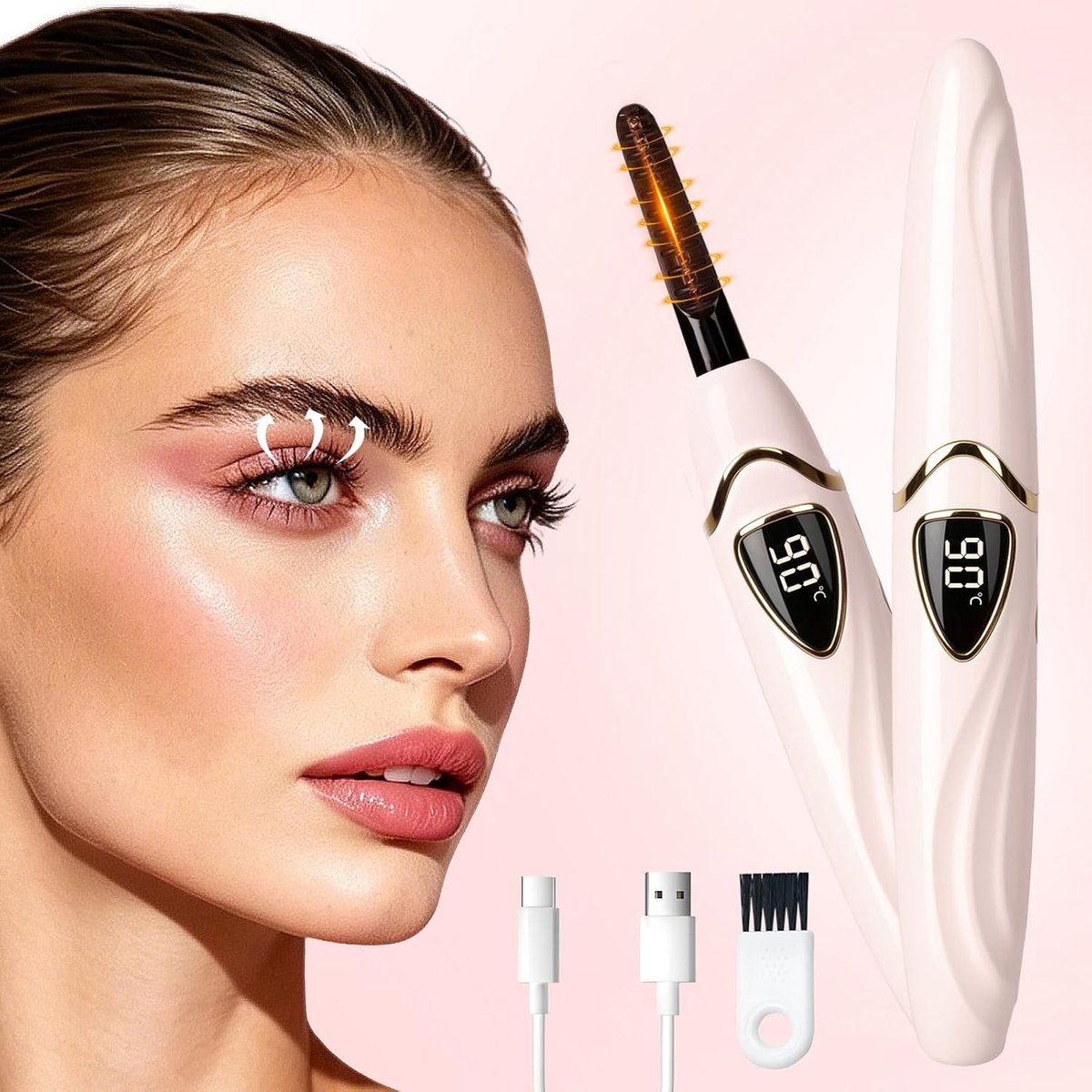 Verwarmde wimpercurler met LED-display, USB-oplaadbaar en elektrisch voor perfecte wimpers, ideaal voor make-up en beginners