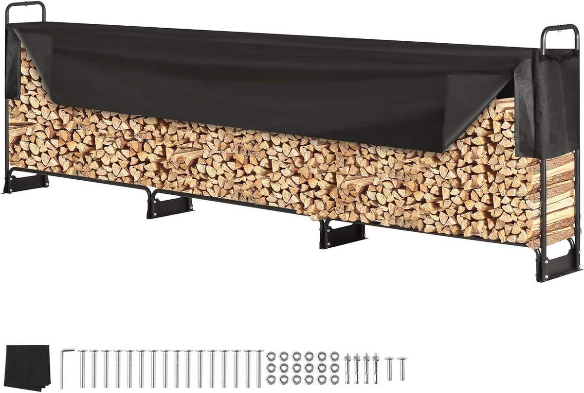 Brandhoutrek Metaal - Haardhout Opslag - Buiten Opslag - Waterdichte Afdekking - 386 x 36 x 117 cm - Zwart