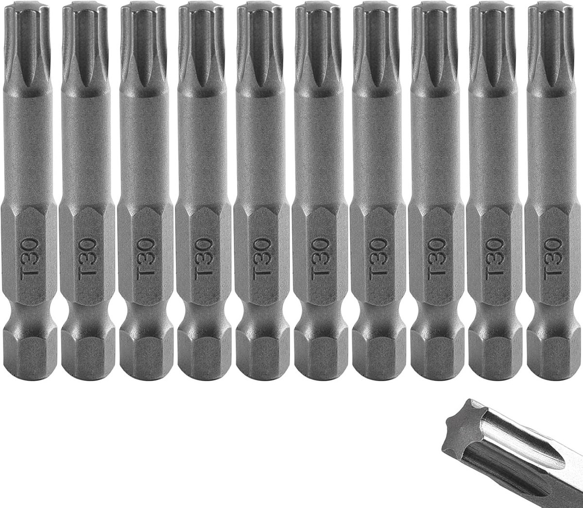 10 Stuks T30 Torx Bits 50mm Lang, 1/4 Inch Hex Shank, S2 Staal, Schroevendraaier Set voor Precisiewerk en Klussen