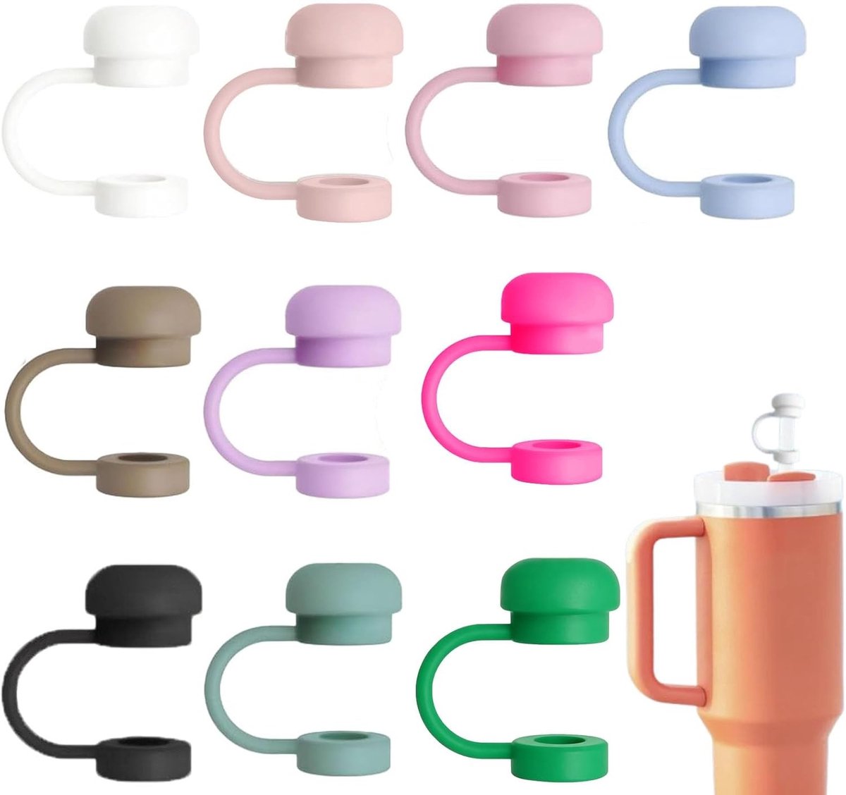 Herbruikbare siliconen rietjesdeksels, stof- en lekvrij, voor 8-10 mm drinkrietjes, ideaal voor Stanley-bekers en andere drankcontainers - 10 kleuren beschikbaar
