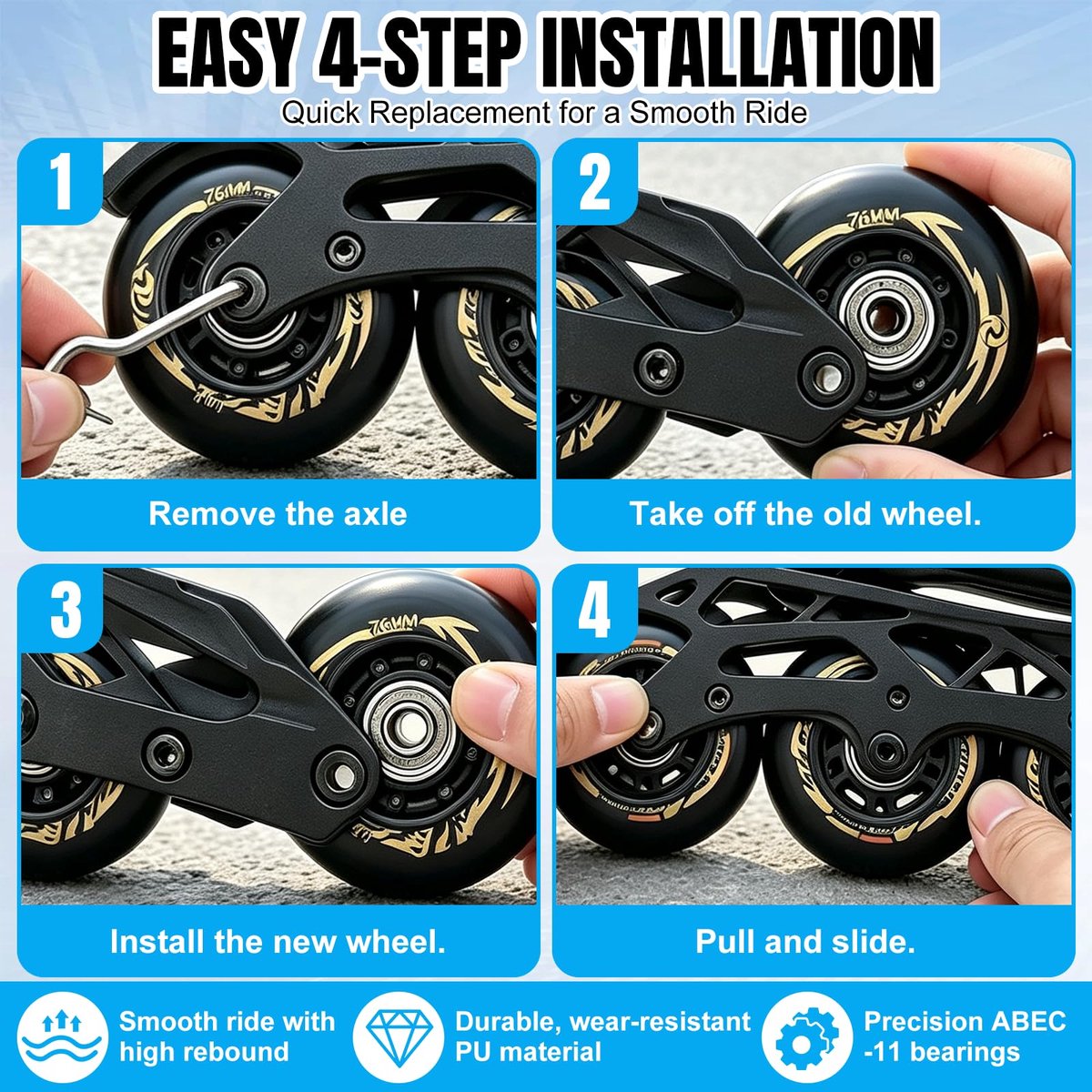 SnelShoppen - Inline skate-wielen 76 mm met ABEC 9 kogellagers, 85A, 8 stuks, universele reservewielen voor inlineskates, verbeterde versie met naaf,