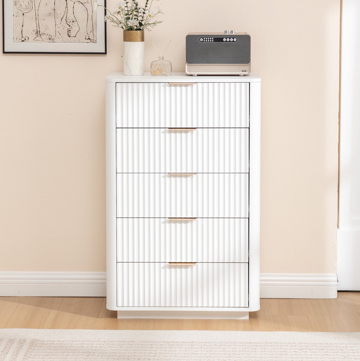 DESMIU Dressoir - 5 Laden Met Softclose En Anti-Kantelbeslag - Voor Slaapkamer Woonkamer Of Hal - MDF - 70x40x108 Cm - Wit