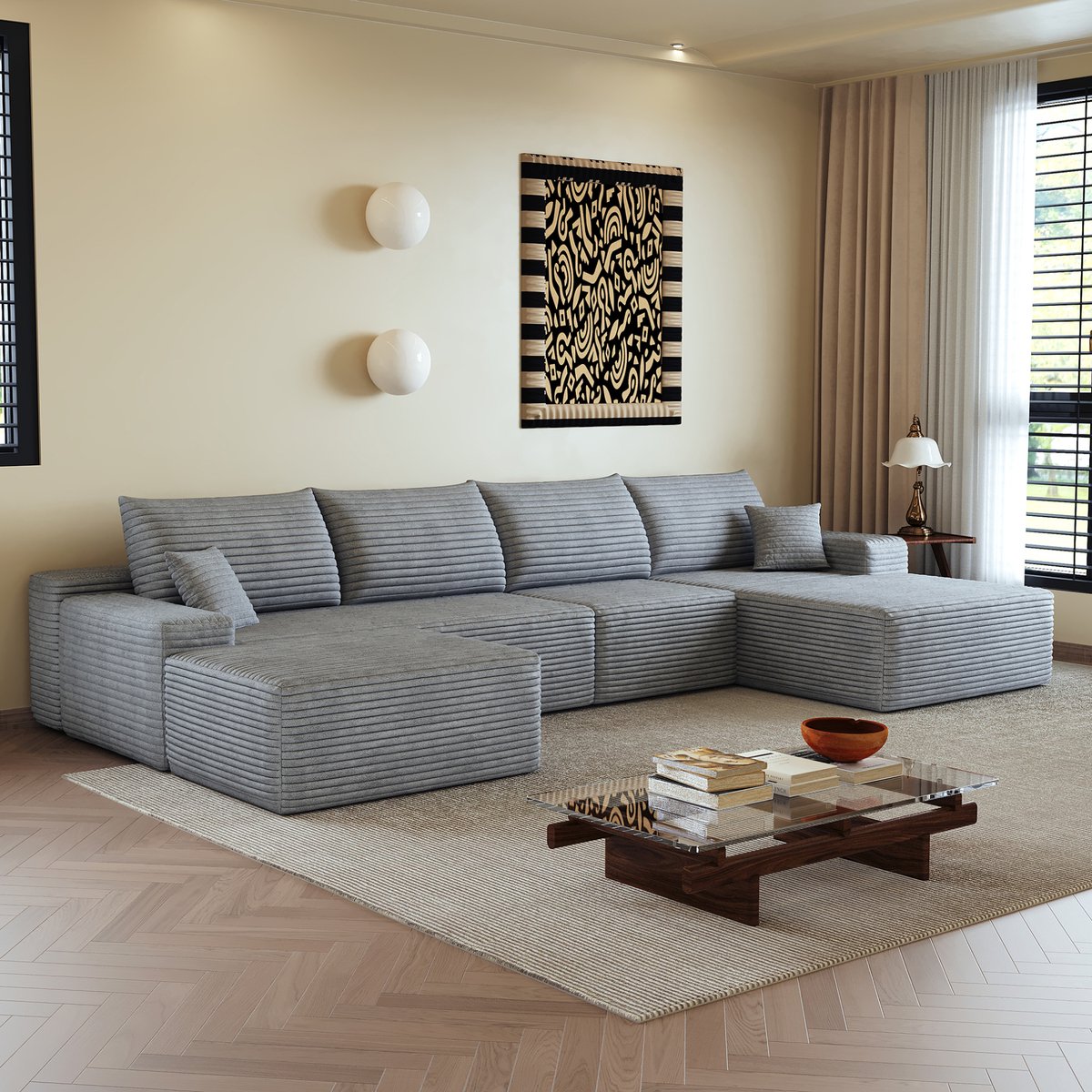 OKWISH Hoekbank 340 cm - Modulaire Hoekbank Met L-Vormige Chaise Longue - Diepe Zit Zonder Montage - Woonkamer Of Slaapkamer - Stof - Grijs