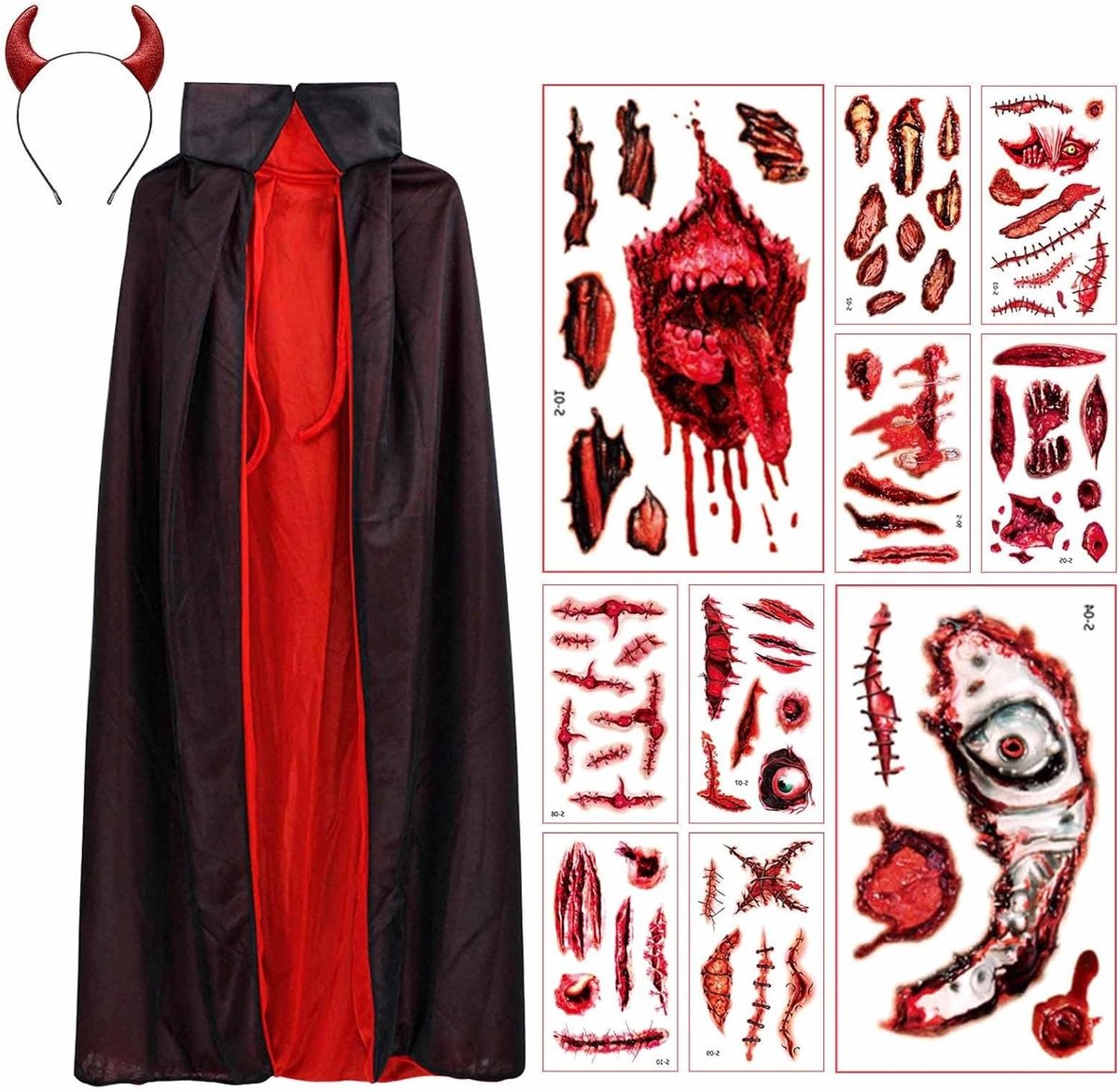Dubbelzijdige Halloweencape in zwart en rood van 90 cm met duivelsoren en 10 tattoos voor vampierkostuum en cosplay