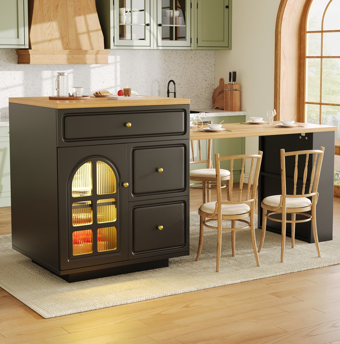 DESMIU Keukenkast - Uitschuifbaar Keukeneiland Met Lades En Ledverlichting - Voor Keuken En Eethoek - MDF Glas Metaal - 122,5-195,5x59x93,5 Cm - Zwart