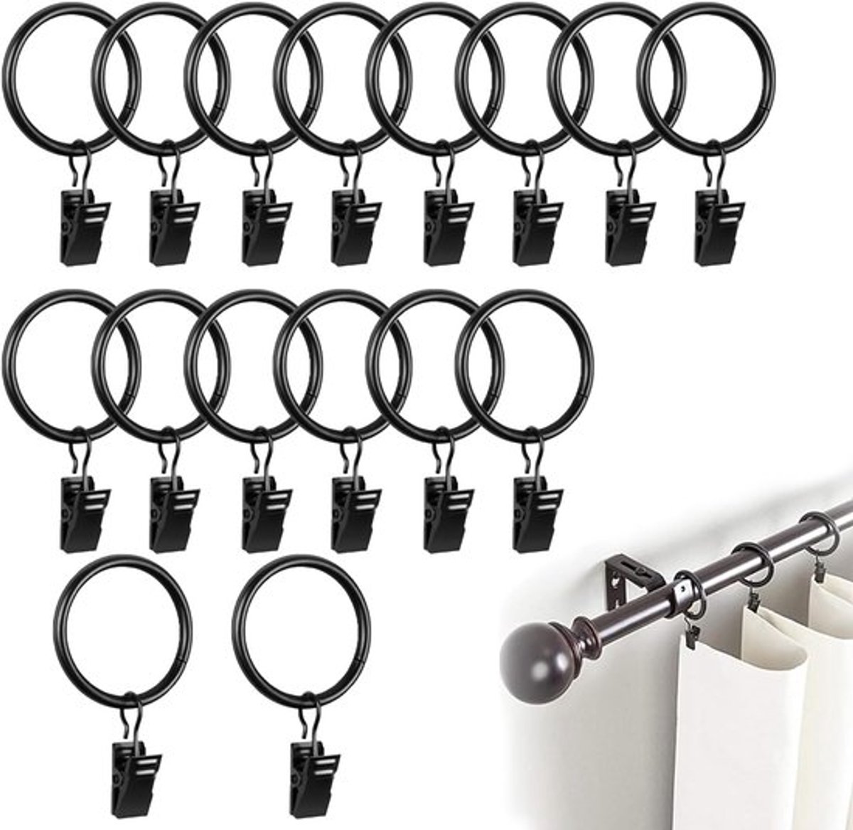 Gordijnringen 25 mm binnendiameter - 16 stuks - Metalen gordijnhaken - Ringen met clips - 