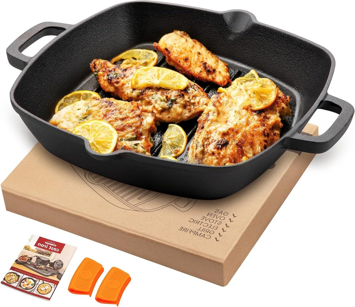 Gietijzeren Grillpan - Koekenpan met handvatten - Buiten Koken - Ribbel Bodem - 26 cm - Zwart