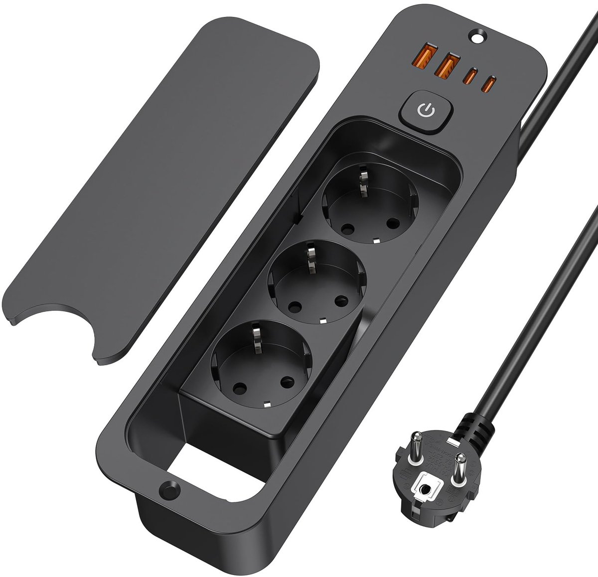 SnelShoppen - Inschuifbaar Stopcontact met USB, 3-voudig Inbouwstopcontact met Stofbeschermhoes, Verzonken Stopcontact met 2 USB C, 1,8 m Kabel voor T