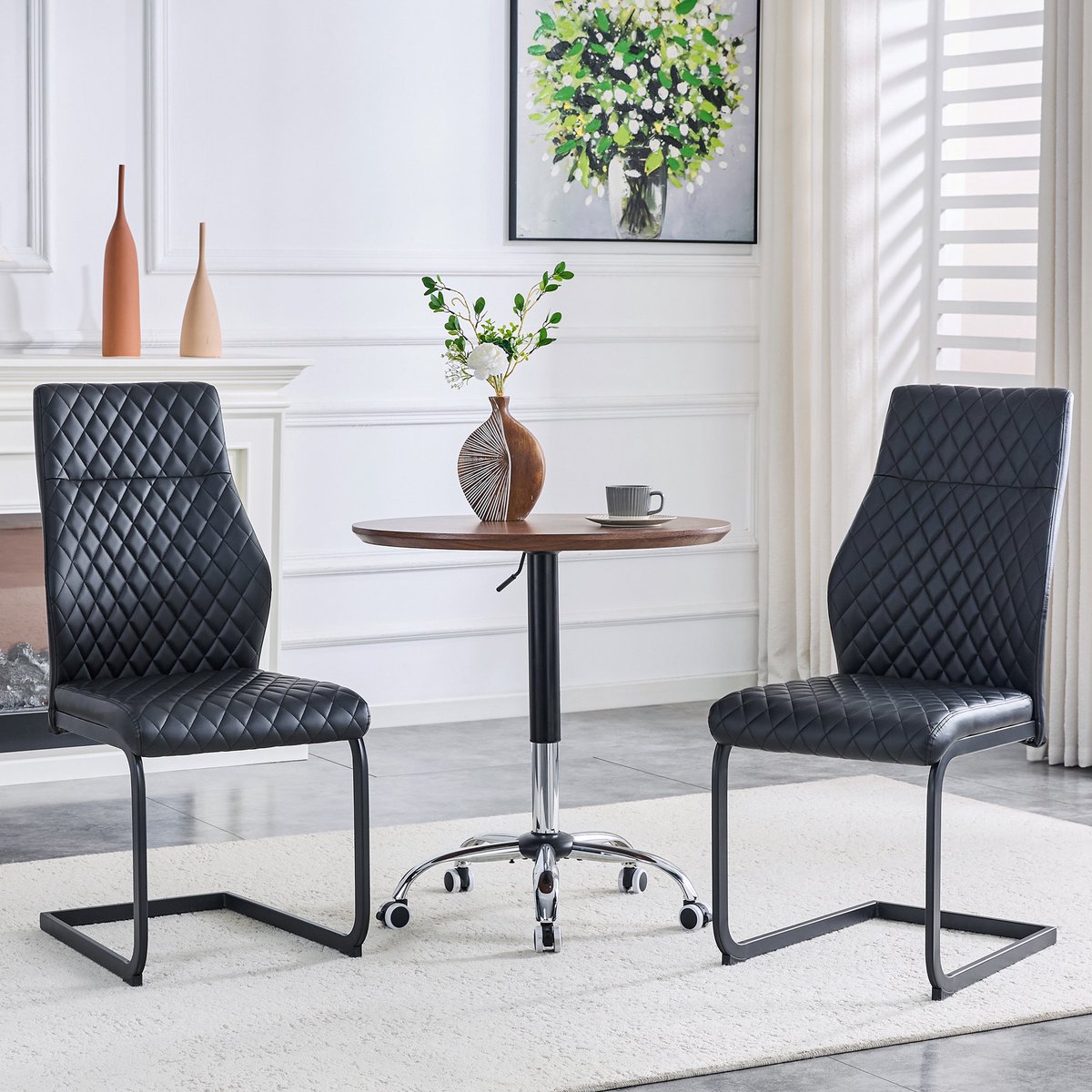 MEUNIQ Eetkamerstoelen set van 2 zwart kunstleer met ruitpatroon, hoge rugleuning, gevoerde zitting en zwart metalen buisframe voor eetkamer