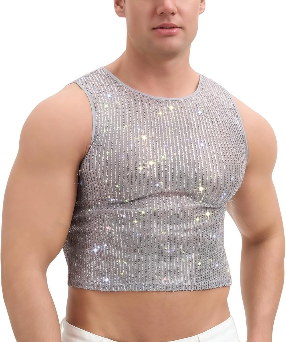 Glanzende heren tanktop met pailletten en ronde hals, sexy mouwloos shirt voor carnaval, rave en feestjes, XL, geel