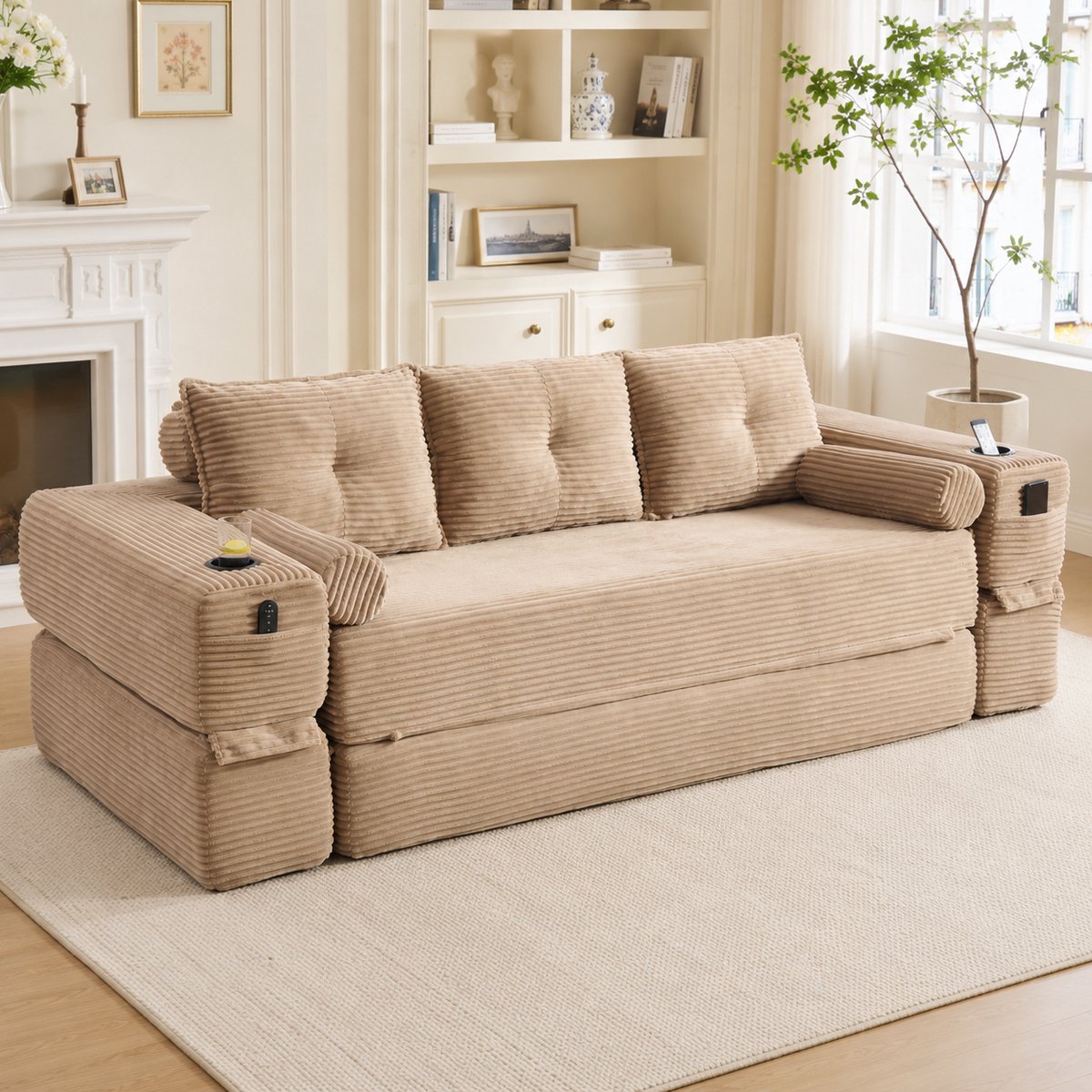 REDOM - Bank - 3-zits slaapbank - Opvouwbaar - Met drinkhouder en zijvakken - Met memory-kussens en 2 sierkussens - Corduroy - Kaki - 232 x 98 x 80 cm