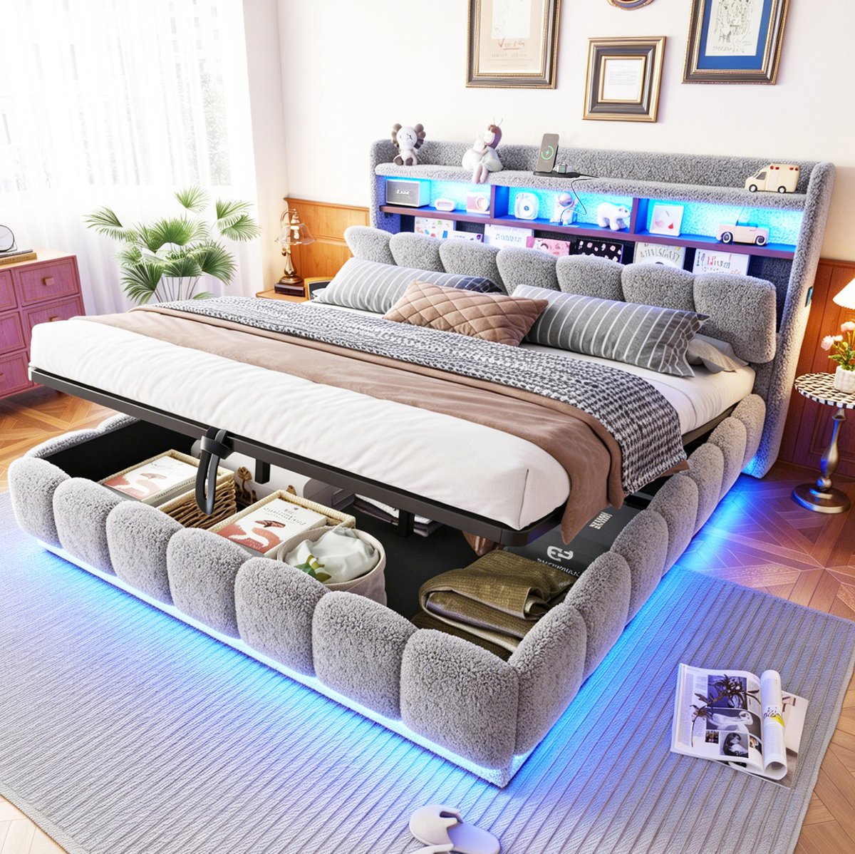 STILVORA Gestoffeerd Bed 180x200cm – Stauraumbed Met Hydraulisch Systeem – LED Verlichting En USB Aansluiting – Extra Grote Opbergruimte – Volwassenen Slaapkamer – Teddy Stof En Metaal – Grijs